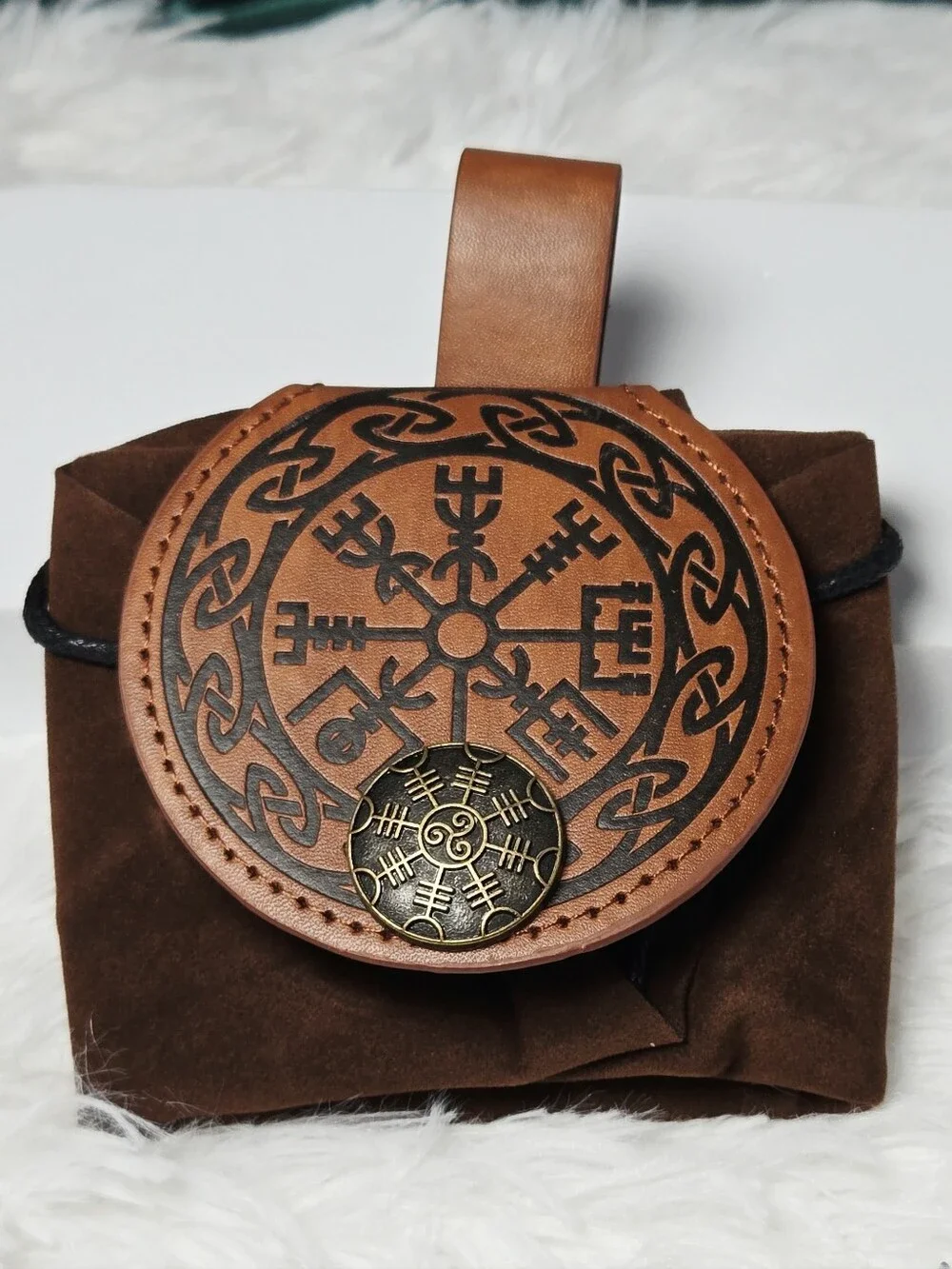 Vegvisir Norse Belt Pouch Viking Compass Renaissance Faire Brown Faux Suede Bag